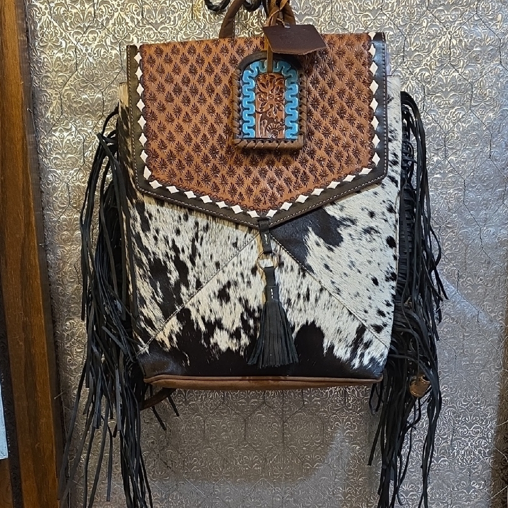 Brown and Black Cowhide Fringe Leather Backpack Cowhide BNWT